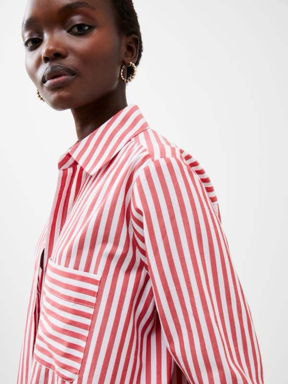 French Connection Stripe Relaxed Popover Button Down Shirt Red & White Small